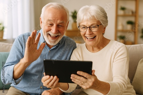 Senior Couple Video Calling Grandchildren, Smiling and Engaged
