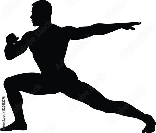 Silhouette of Muscular Man in Martial Arts Stance Against White Background Gym Fitness
