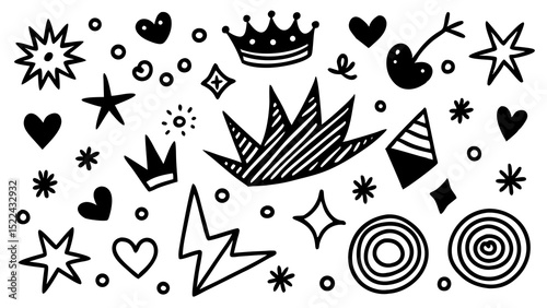 A collection of hand drawn black and white doodle elements including hearts crowns stars and decorative embellishments