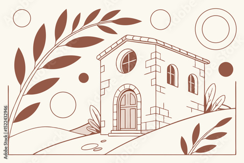 Abstract architectural illustration depicting a minimalist building with foliage elements and transparency perfect for various design applications