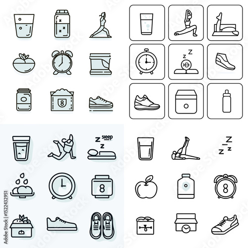 Minimalist line icon set of fitness and wellness lifestyle including shoes, clocks, water bottles, scales, sleep, and workouts. Perfect for health apps and wellness programs.

