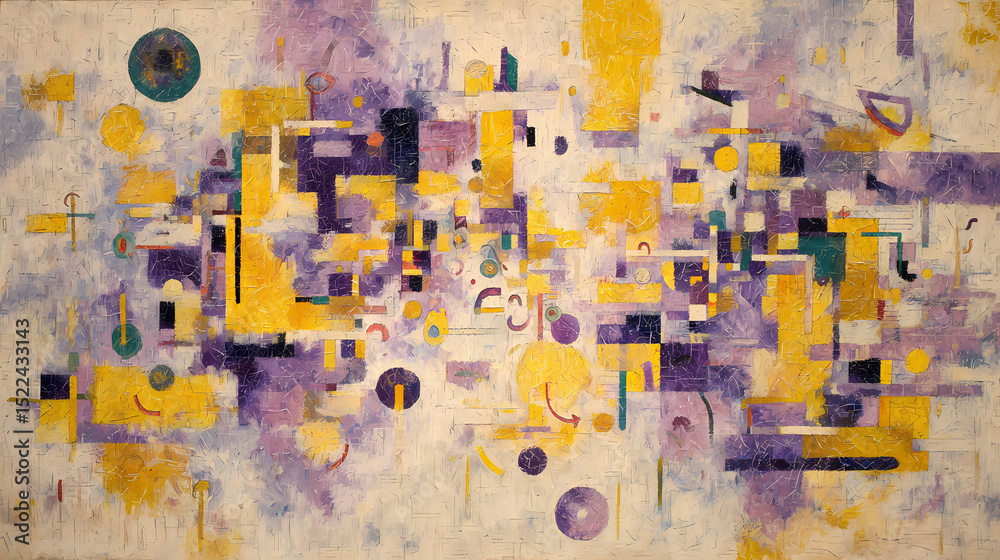 Fototapeta premium cover design for music theory book | painterly resonance | transcendent motion | yellow and violet spectrum | spatial pulsation | floating glyphs | sharp-edged line forms | geometric layering |