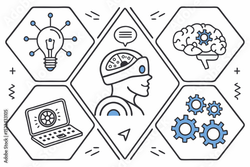 Concept illustration depicting artificial intelligence, technology, brain, and ideas in a minimalist style with a clean and modern appearance.
