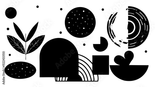 Elegant black and white composition featuring abstract shapes including botanical elements, circular forms, and geometrical structures.