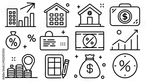 Financial and real estate investment icons collection featuring houses percentages money bags and growth bar charts illustrated in simple black and white