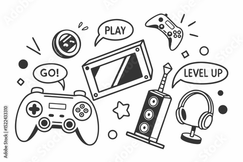 Modern gaming themed vector illustration featuring controllers speech bubbles and other related elements on white background