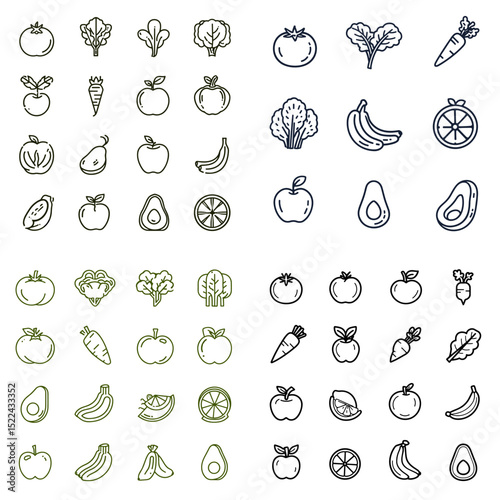 Hand-drawn line icon set of fruits and vegetables including apple, banana, carrot, tomato, avocado, and citrus. Perfect for organic food, vegan, and nutrition themes.

