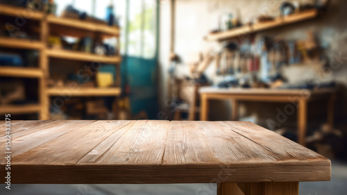 Wooden table in a carpentry workshop setting