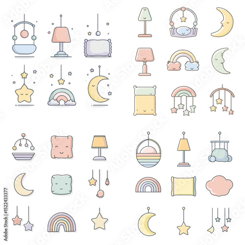 Adorable pastel icon set of baby room decorations such as lamps, pillows, mobiles, stars, moons, and rainbows. Ideal for nursery design, baby content, and bedtime stories.

