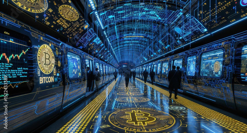 Futuristic subway station with glowing Bitcoin symbols, digital screens, and people walking, symbolizing cryptocurrency's integration into modern urban life and technology.