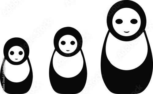 Simplified Black and White Matryoshka Dolls Illustration Three Sizes, Minimalist Design, Isolated on White