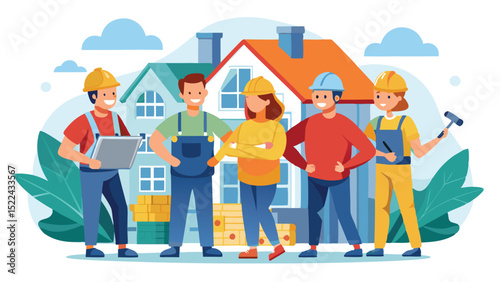 Team of Construction Workers with Hard Hats Standing in Front of New Houses Illustration