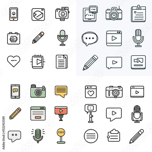 Flat and outline icon set representing content creation tools like cameras, microphones, comments, video, and social media posts. Perfect for influencers and digital marketing.

