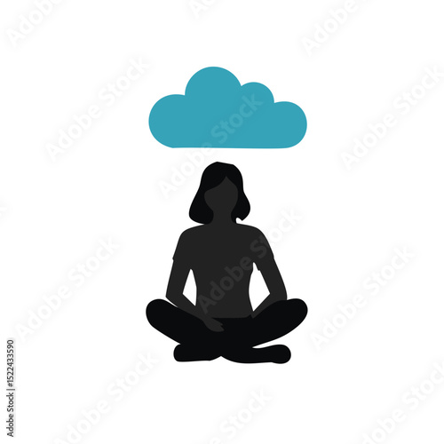 Woman silhouetted sitting meditation cloud thoughts