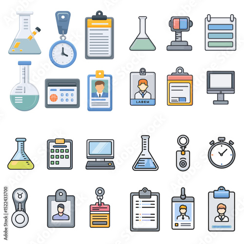 Colorful vector set of lab equipment and scientific tools including flasks, ID cards, monitors, and timers. Ideal for research, science education, and laboratories.

