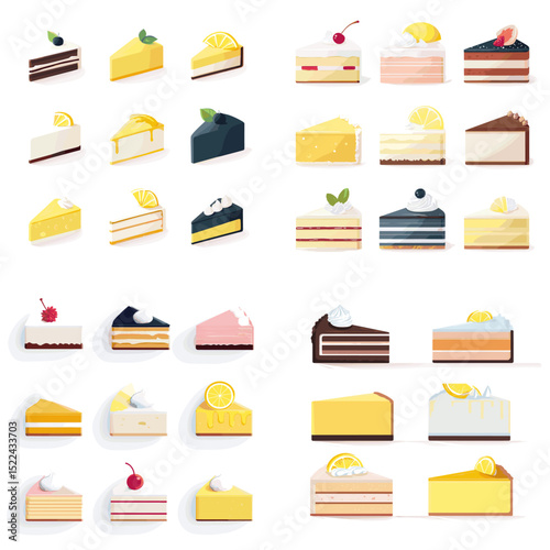 Vector icon set of delicious cake slices and cheesecakes with various toppings including fruits and cream. Perfect for bakery, dessert menu, and patisserie designs.

