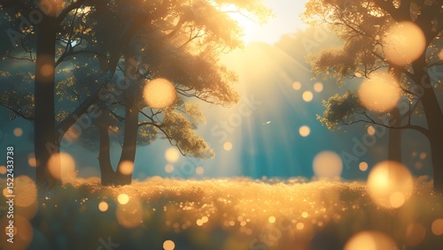 Serene forest landscape bathed in warm sunlight with beautiful bokeh effect