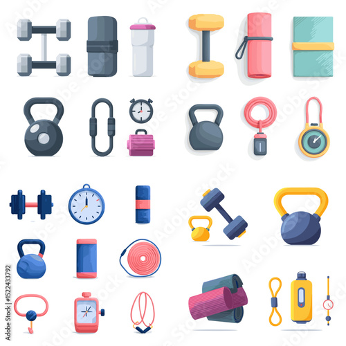 Modern vector set of gym and fitness equipment including dumbbells, kettlebells, yoga mats, water bottles, and stopwatches. Perfect for health, sport, and workout content.


