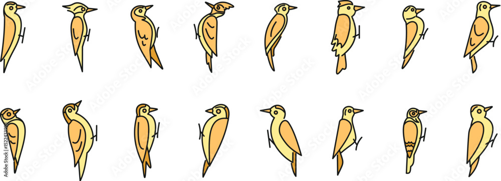 Fototapeta premium Woodpeckers clinging to tree, simple icon set representing different species or positions of picidae family birds