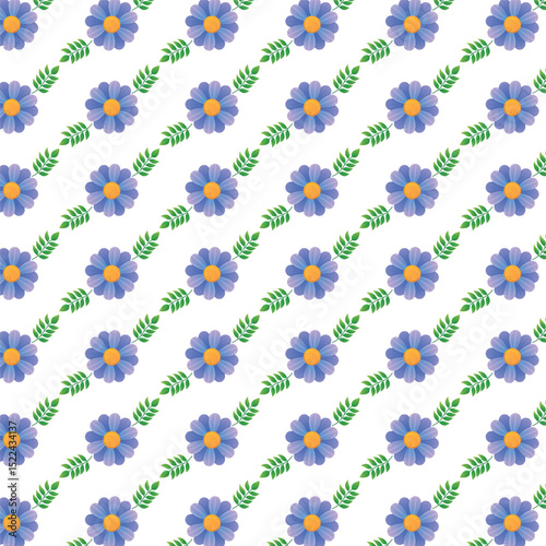 Whimsical Floral Pattern of Lavender Flowers and Leaves on a White Background
