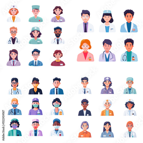 Vector set of diverse medical professionals in uniform, including doctors, nurses, and healthcare workers with various specialties and ethnicities. Perfect for health-related content.

