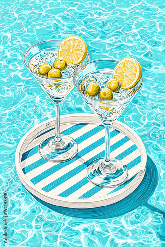 Two martini glasses with lemon and olives on striped tray floating in turquoise pool, vibrant summer illustration.