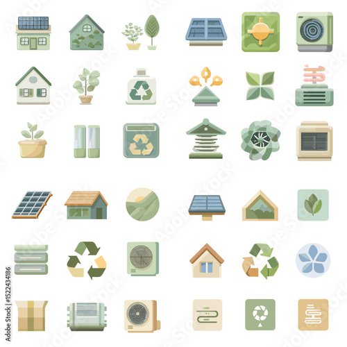 Eco-friendly housing and sustainability vector set featuring green buildings, solar panels, recycling, and renewable energy in soft earthy tones. Ideal for environmental projects.

