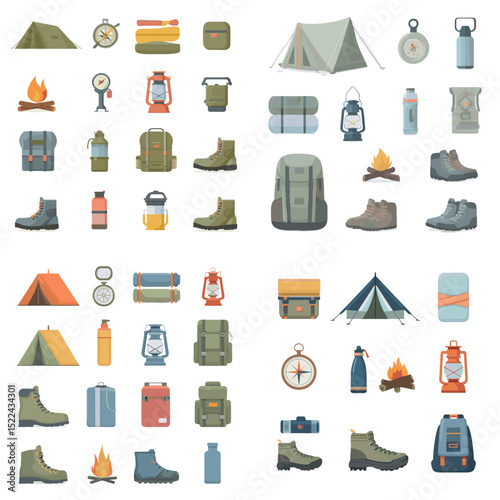 Comprehensive flat camping and hiking vector set with tents, backpacks, boots, lanterns, compasses, and outdoor survival gear. Ideal for travel, nature, and adventure content.

