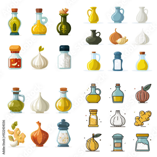 Aromatic vector icon set of spices, herbs, oil, onion, garlic, ginger, and condiments in various bottles and containers. Ideal for food, cooking, and kitchen design content.

