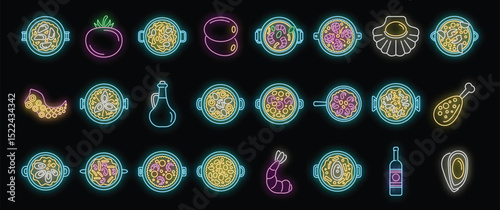 Neon icons showcasing various paella ingredients and cooking stages, highlighting the vibrant culinary tradition of spain