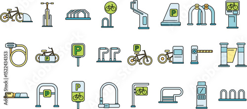 Bicycle parking icons represent secure storage solutions and infrastructure supporting urban cycling, promoting eco friendly transportation