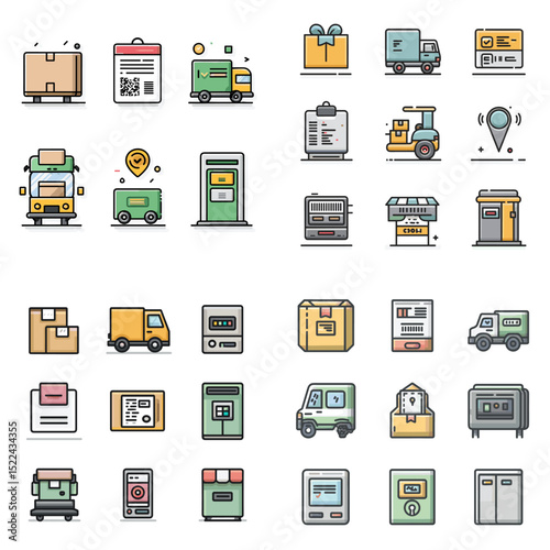 Flat vector icon set of logistics and delivery services, including trucks, barcodes, warehouse, shipping boxes, and package tracking symbols for courier and ecommerce visuals.

