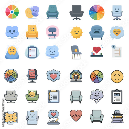 Colorful emotional health and counseling vector icon set with therapy chairs, moods, facial expressions, and mental wellness concepts. Perfect for healthcare or psychology content.

