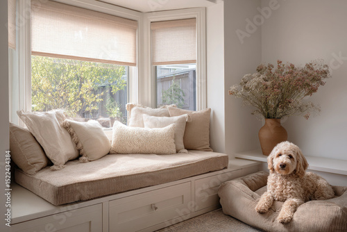 Cozy interior with dog resting on bed beside sunny window nook filled with soft pillows and neutral tones, evoking calm, comfort and homey charm.