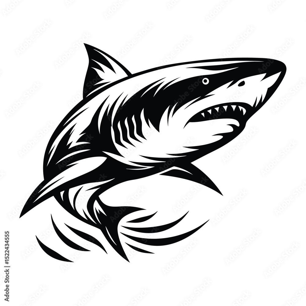 Obraz premium Striking Black and White Shark with Detailed Teeth and Fin Markings