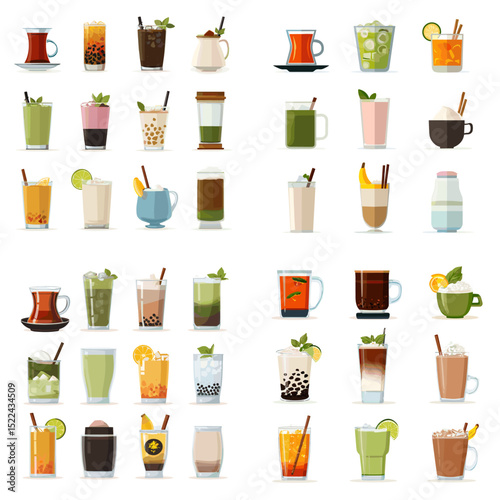 Delicious iced drink and tea icon collection with bubble tea, smoothies, coffee, and fruit juices — perfect for menu design, food apps, or café branding.

