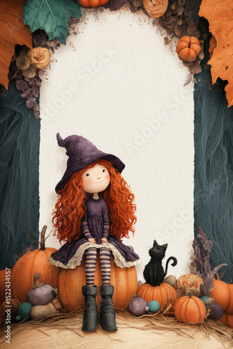 Cute red-haired witch girl sitting on pumpkins with black cat. Cute autumn illustration with empty space for text in the middle.
