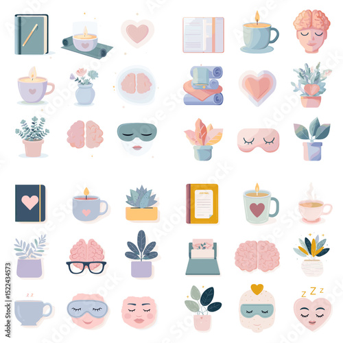Soft pastel icons featuring self-care, mental clarity, rest, and emotional wellness symbols — ideal for wellness content, mental health apps, and calming designs.

