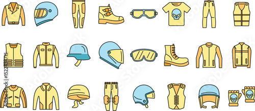 Set of various motorcycle apparel and accessories in vibrant colors