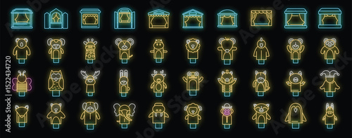 Glowing neon puppet show stages and adorable animal finger puppets create a playful and whimsical scene