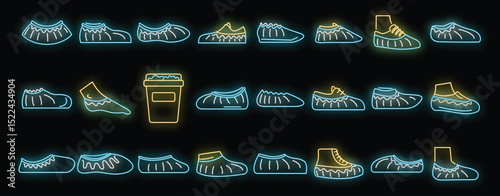 Collection of neon icons showcasing diverse footwear designs on a black background