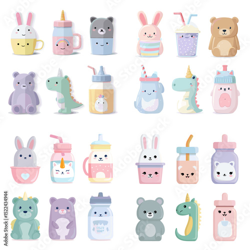 Adorable pastel animal-themed baby bottles, cups, and containers in flat vector style. Perfect for baby products, nursery decor, and children’s designs.

