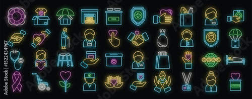 Charity, donation, volunteering and fundraising glowing neon icons set. Helping hands, food, clothes, money, medicine, healthcare, blood donation and elderly care
