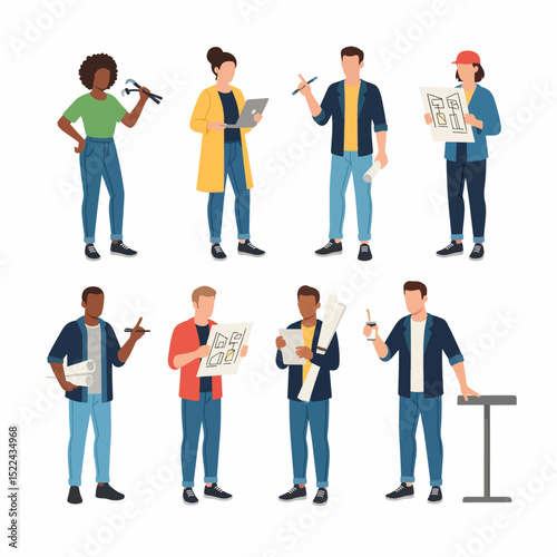 People construction project blueprints architect worker team