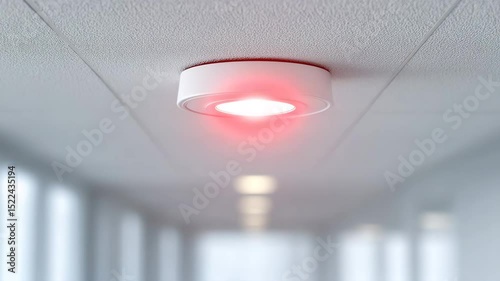 Safety Beacon: A modern, circular ceiling-mounted light fixture, illuminating a hallway with a vivid, warning red glow, creating a strong sense of alert.