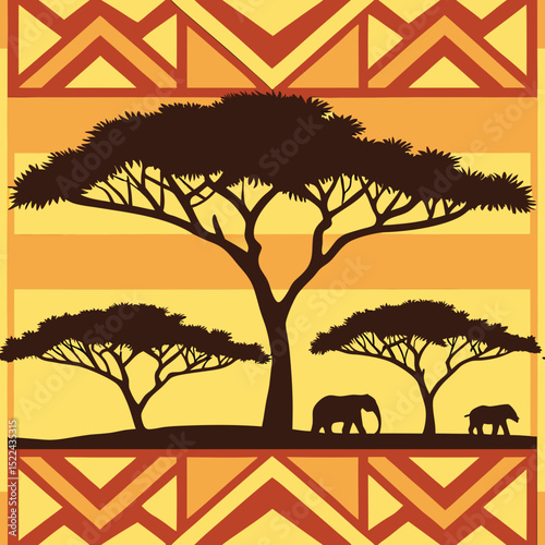 African wildlife seamless vector pattern with trees and elephants  