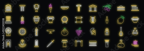 Set of glowing neon ancient greek culture icons representing history, mythology, architecture, food and tradition