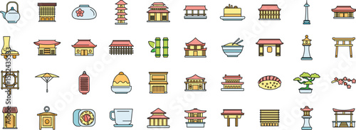 Diverse icons showcasing japanese culture, from tea ceremonies and pagodas to sushi and bonsai, capturing the essence of japan