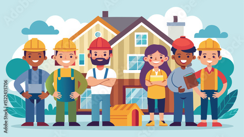 Cartoon Construction Team Posing in Front of a House with Doghouse Illustration