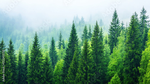 Lush forest landscape with tall evergreen trees surrounded by mist, creating serene and tranquil atmosphere